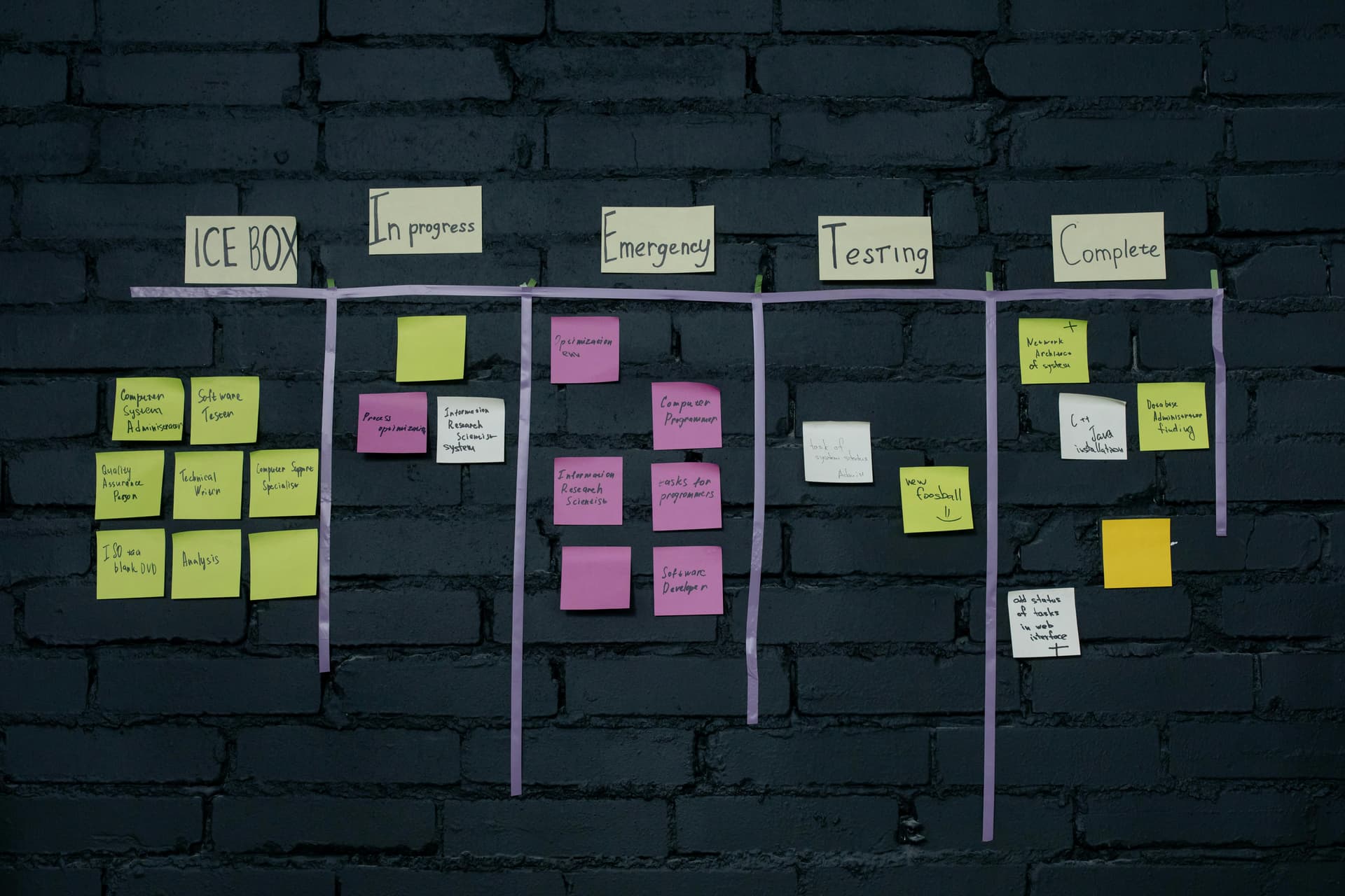 Project kanban board showing development workflow stages