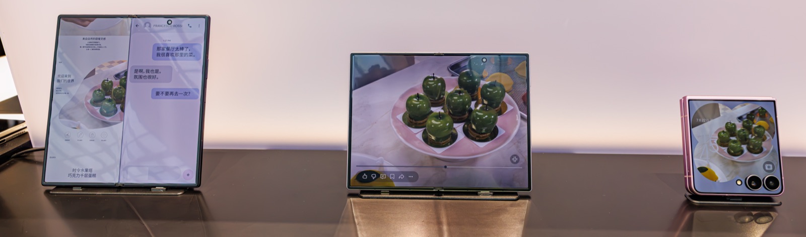The Galaxy Z Fold 8 Ultra, Galaxy Z Fold 8, and Galaxy Z Flip 8 on display, unfolded
